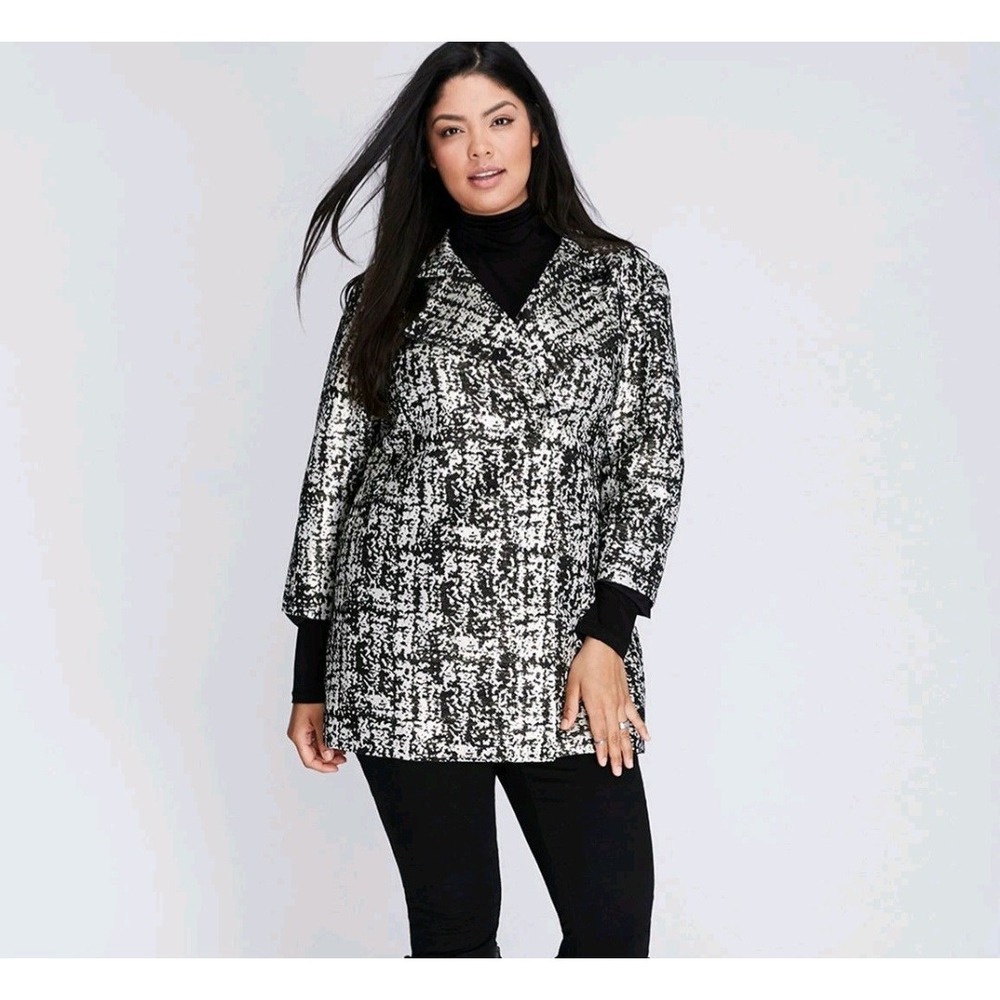 Lane Bryant Jacquard Jacket Women's 14/16 Black And Silver Metallic Moto Midi